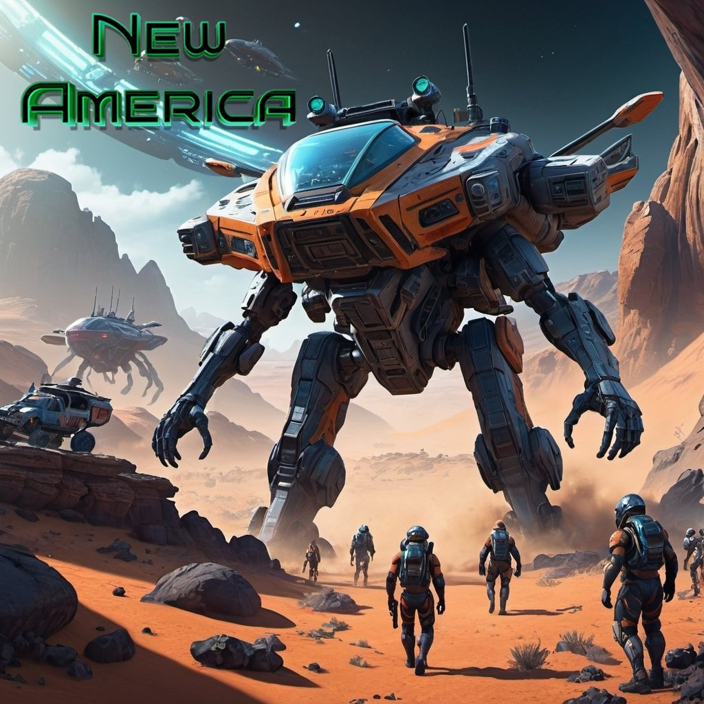 New America artwork with towering machines in an alien desert.